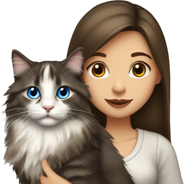 long straight haired blue eyed brunette woman holding norwegian forest cat with amber eyes emoji