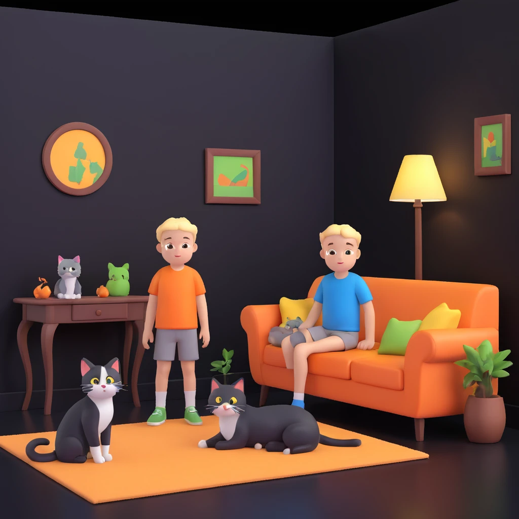 boy and cat pet, living room background emoji