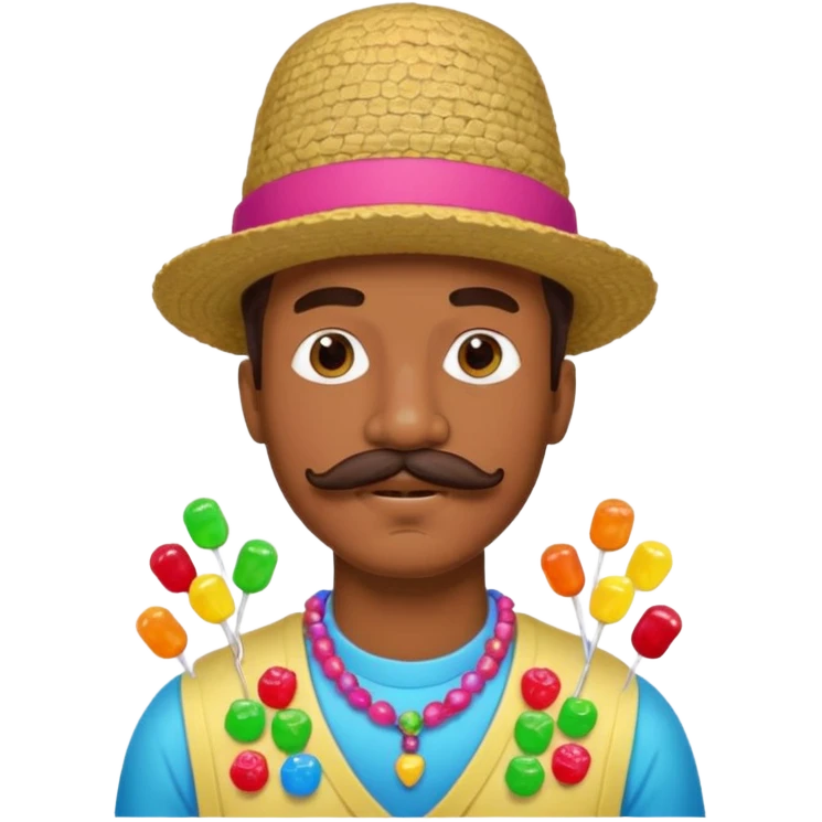 man with a lot of accessories and mustache made out of candy emoji
