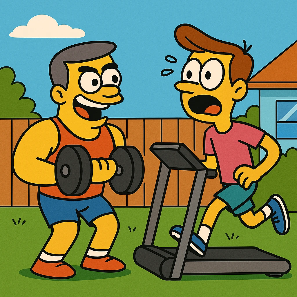 Jake and Tom have been gym buddies (friends who go to the gym together) for months (maybe 3–6 months or more), but their workout styles (the way they exercise or train—like lifting weights) couldn’t be more different (they’re very, very different). emoji