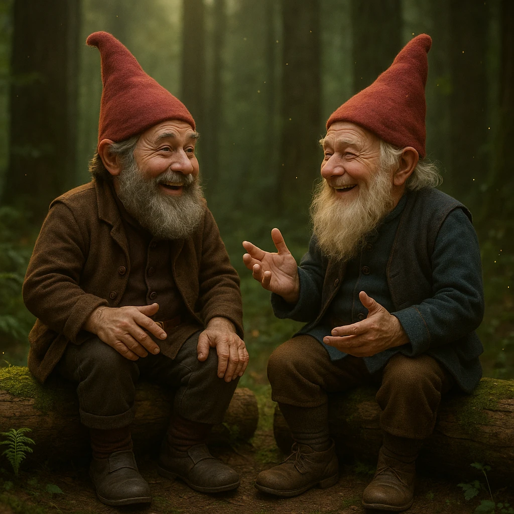 realistic style, two gnomes on logs in a forest, talking and laughing, subtle magical elements, soft lighting emoji