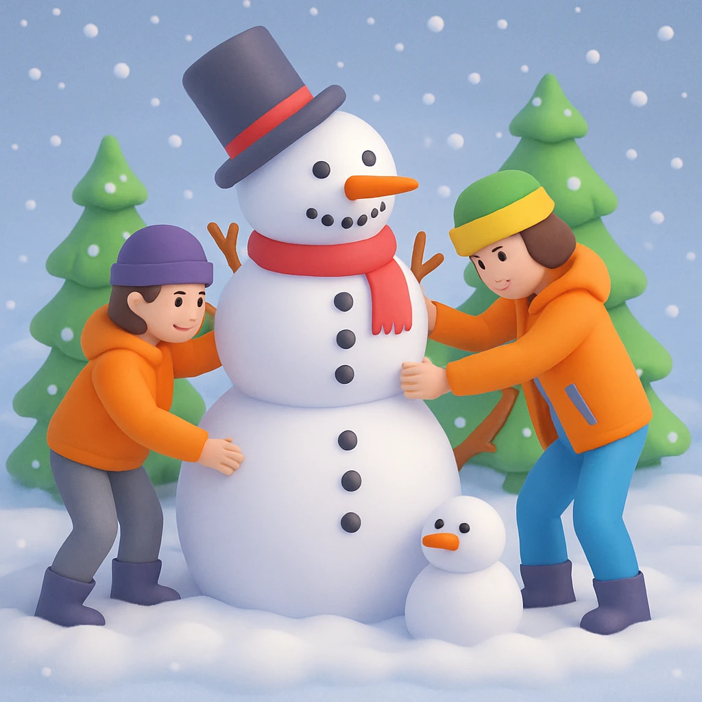 Add a snowy background behind the kids building a snowman, keep the original 3D emoji style emoji