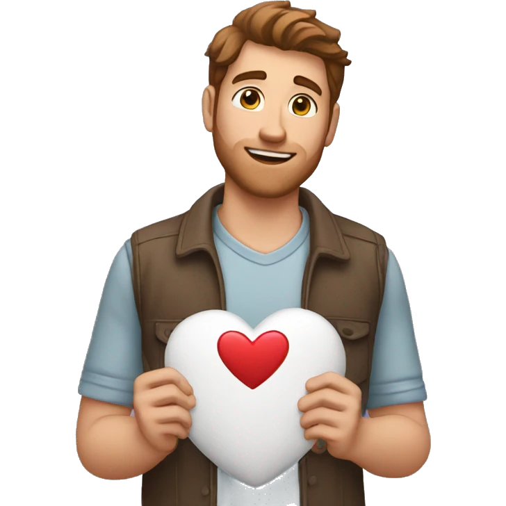 White man with brown hair holding a heart in front of him to give to a lover emoji
