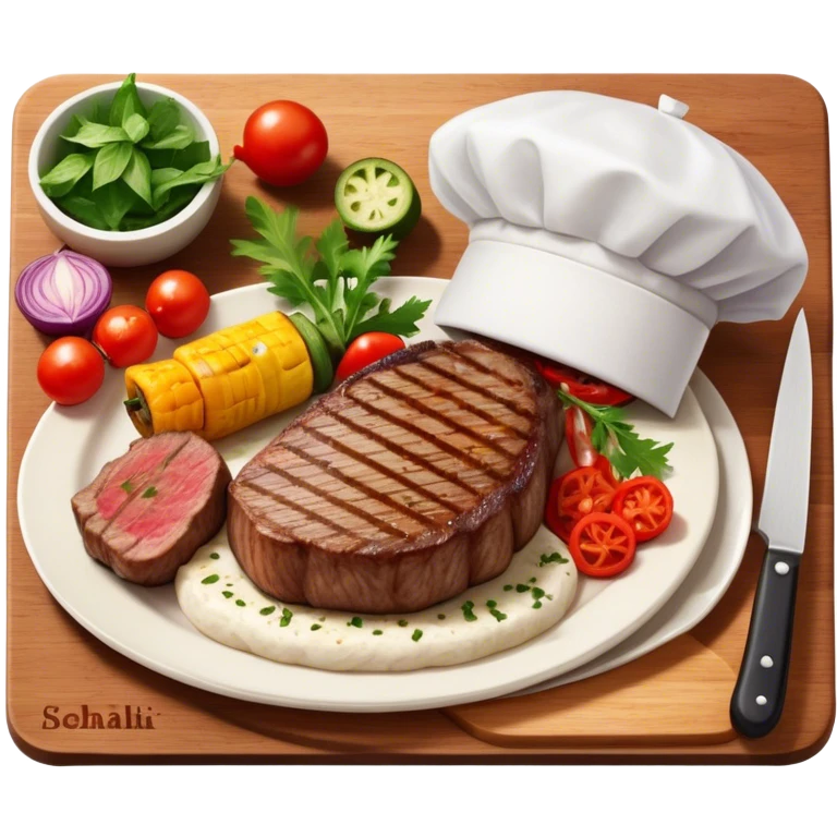 icon featuring a chef’s hat, a cutting board with fresh ingredients, a knife, a beautifully cooked ribeye steak, shashlik skewers, and a plate of food in the making. The design captures the passion of cooking with warm, inviting colors, and realistic textures. Transparent background. emoji