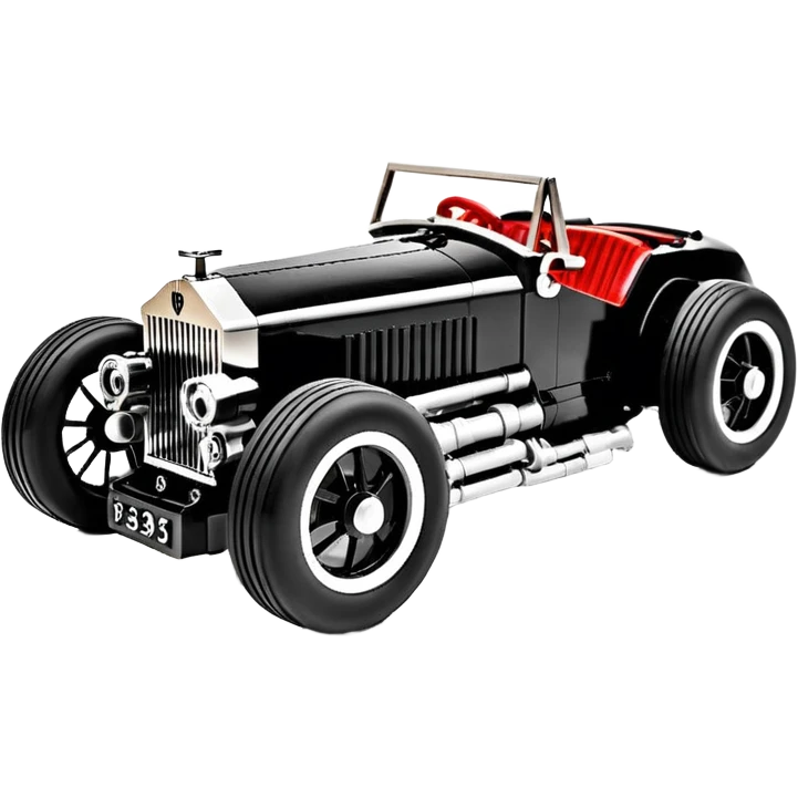 Wednesday Adam’s Blood stained Lego Satanic Darth Vader black Bare bones (channeled cowl) drag racing and speed record modified (fenders removed) chopped streamlined sporty roadster that is a (stripped down) hot street rodded engine sports car 1952 Rolls Royce Woody futuristic  wide racing wheels emoji