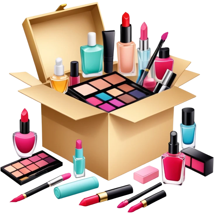 an opened box with various beauty items spilling out, including makeup, skincare, and perfume emoji