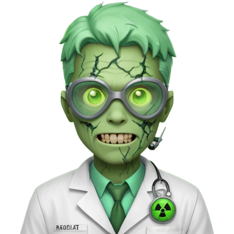 radioactive zombie scientist portrait, head and shoulders only, glowing toxic veins, cracked goggles, lab coat with radiation badge, sinister smile, 3D cartoon, mobile game icon style, clean background, no text, no watermark
 emoji