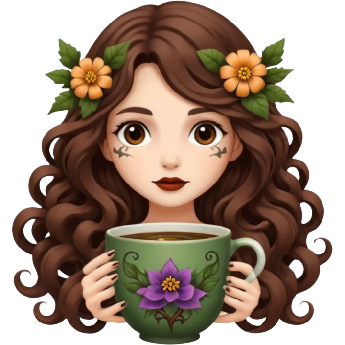 cute forest witch woman long wavy brown hair tattoos curled in flower cup emoji