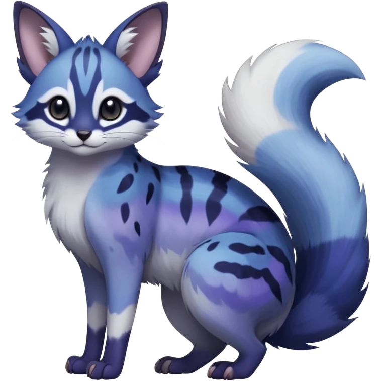  dull-colored gloomy-dark-deep-grayish-indigo-violet-gradients ghostly spectral spooky fur with random dark markings beautiful elegant pretty precious cute  Fakémon-Pokémon-opossum-feline-serval-caracal-chinchilla-Furret-Minccino-hybrid-creature with a big fluffy bushy tail (full body) emoji