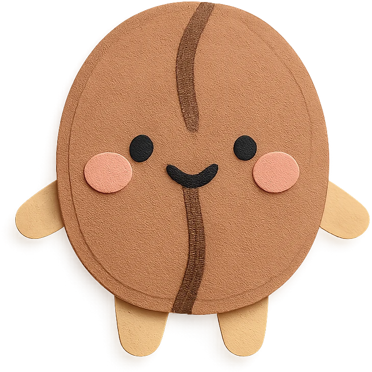 chibi coffee bean character, full body, blushing cheeks, tiny arms, soft pastel colors emoji