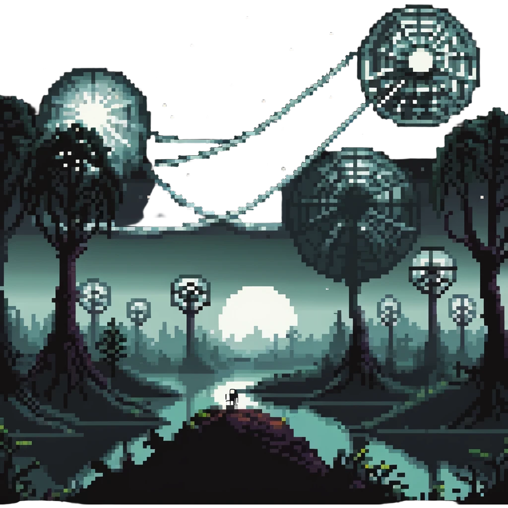 alien planet with giant trees and spider web cities emoji