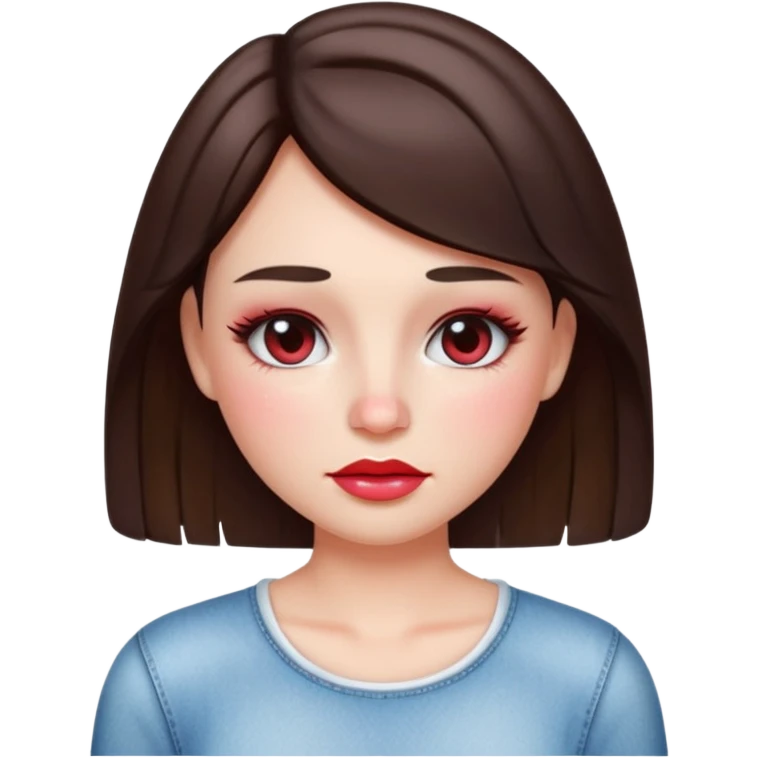 “Emoji brunette girl white top, dewy skin, heavy blush across cheeks and nose bridge, glossy cherry lips, soft eyeliner, teary sparkling eyes like hanni from new jeans emoji