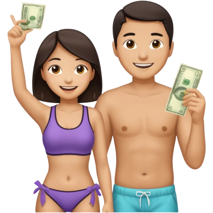 Asian couple wearing beach clothes throwing money emoji