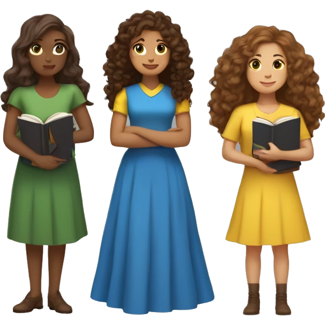 3 women, one is white with long brown curly hair and a dress holding books, one medium height with brown long wavy hair and green skirt and yellow top, one medium height with medium length brown wavy hair with a blue dress holding a kindle emoji