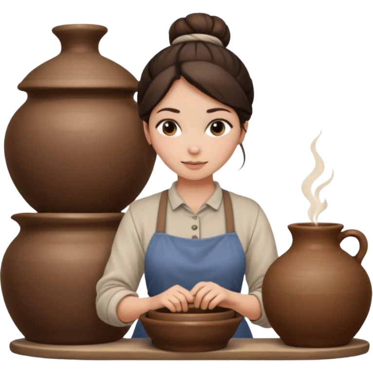 Brunette girl with a bun, behind the potter's wheel, wearing neutral clothing emoji