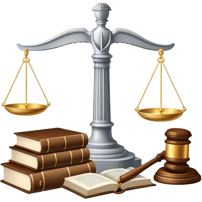 An icon featuring scales of justice, a gavel, and a legal book, symbolizing the study of law. The design includes courthouse pillars in the background, representing authority and legal systems. Transparent background highlights the principles of justice, order, and legal education. emoji