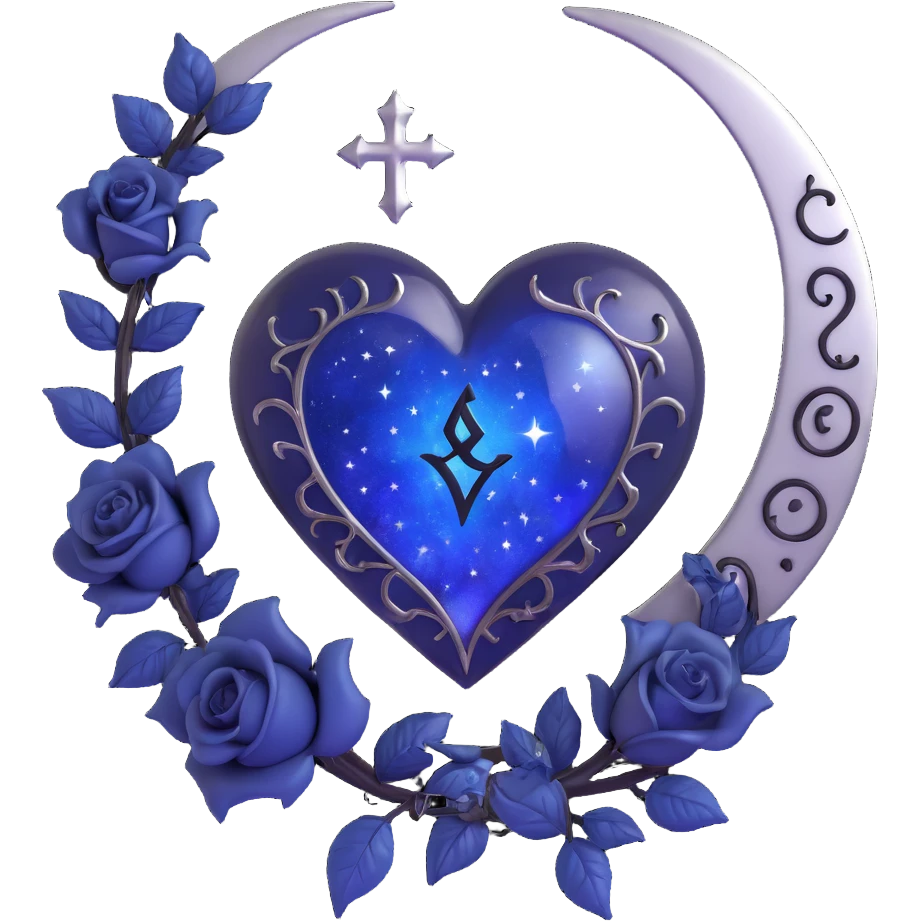 gothic heart, midnight blue glass, silver crescent moon, tiny black roses, shimmering stardust, glowing rune pattern emoji