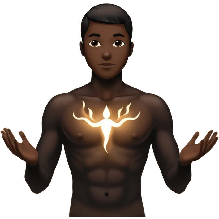 minimalist black male silhouette with flowing black-and-white curves across the lower body, now overlaid with a small, softly glowing spark or radiant light near the chest or head — symbolizing inspiration, inner fire, and creative energy awakening” emoji