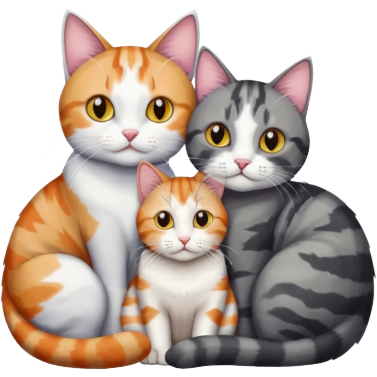 two cats in love, a colourful light patched calico + white tabby cat cuddling a bigger cat that is dark grey and white tabby cat emoji
