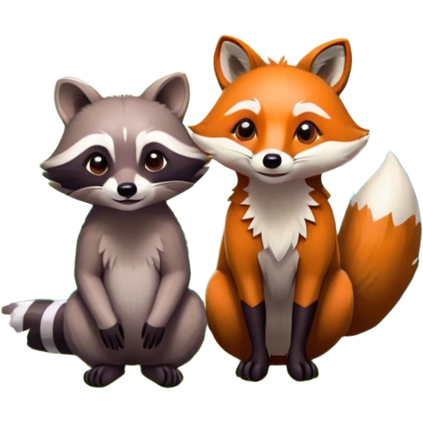 Collage of a raccoon and a fox, in close-up, surrounded by a colorful forest with rich green trees, thick bushes, and vibrant foliage. Sunlight peeks through the branches, casting warm light on the animals. A lively, natural setting with a transparent background. emoji
