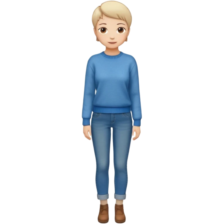 woman full body standing short pixie hair jeans sweater smile emoji