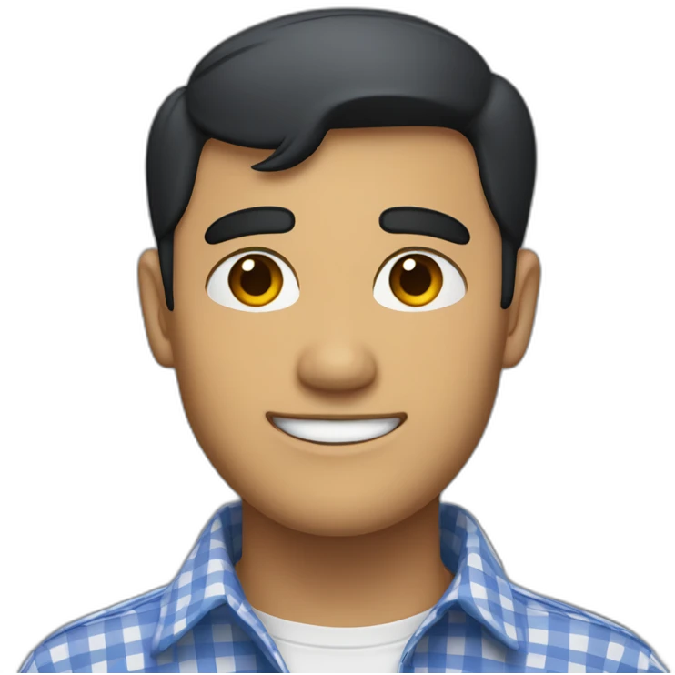 Tan man with short black hair and a gingham white/marine buttoned collar shirt emoji