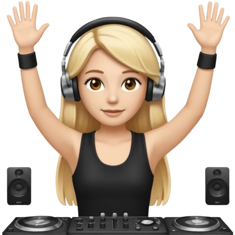 I want a white female dj animated gif emoji with long straight centre parting blonde hair, brown eye brows and putting hands up in the air. Wearing a black tight top with no sleeve. Also wearing DJ headphones  emoji