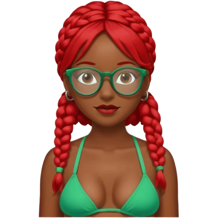 Dark Tan girl with two long red plaits and red rimmed  glasses, green bikini top,  head neck and shoulder shot only emoji