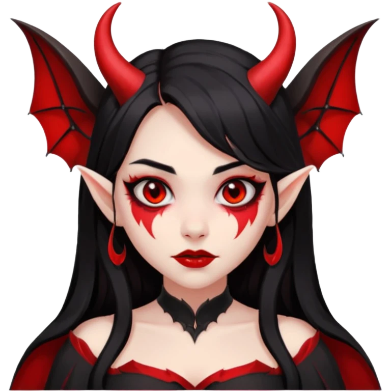demon girl, skin red , black long hair, small horns, bat wing, black open-back dress, bold black outlines, red+black palette emoji
