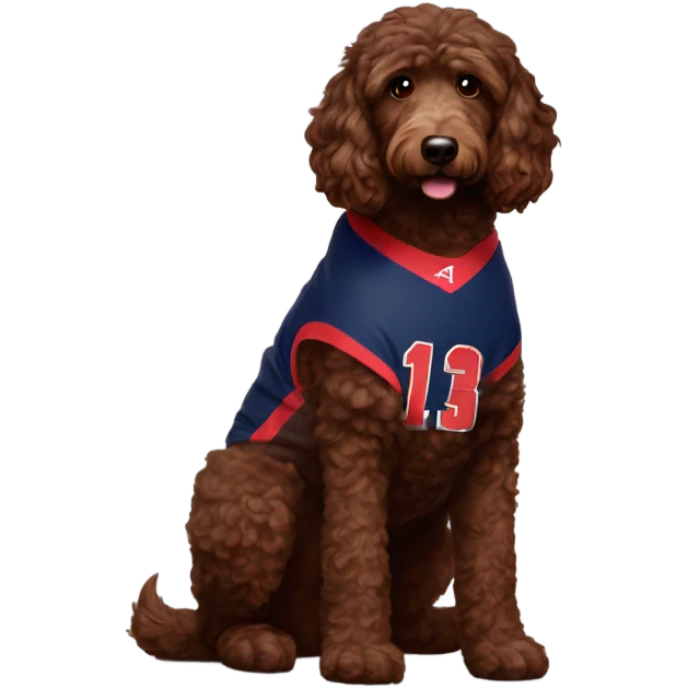 Chocolate brown Aussie doodle wearing a University of Arizona basketball jersey emoji