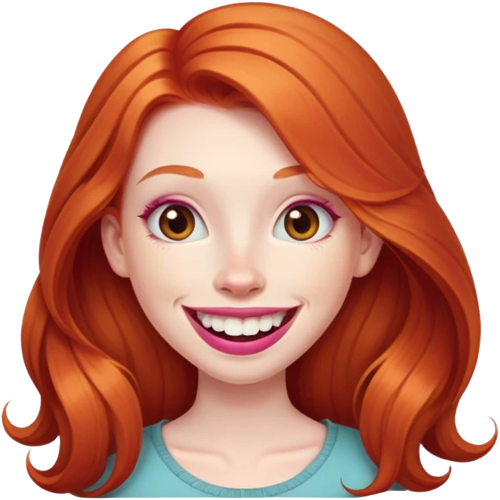 Young girl with pale skin, longer face, full pink lips smiling with big teeth, very long ginger red hair (no blonde at all), big brown eyes, bigger nose, big mouth emoji