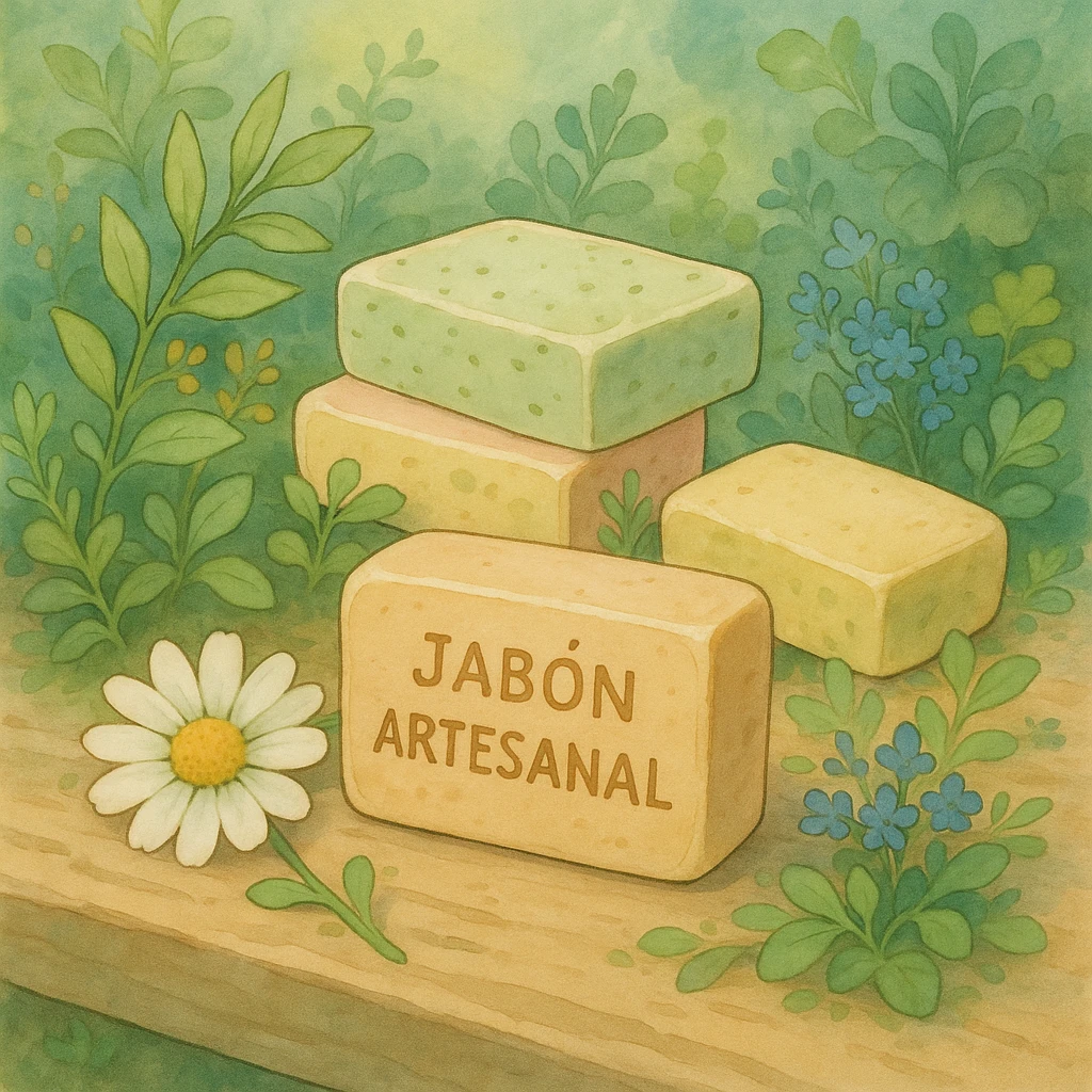jabon artesanal, estilo ghibli, colores suaves, detalles naturales, forma orgánica emoji