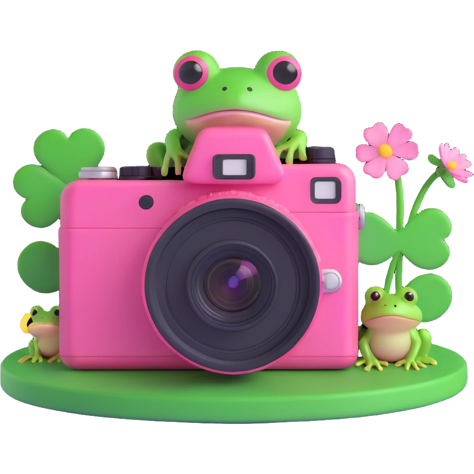 A pink camera with a frog on the screen and clovers around, 3D iOS style, vibrant pink camera with green frog and clovers, variation 4 emoji