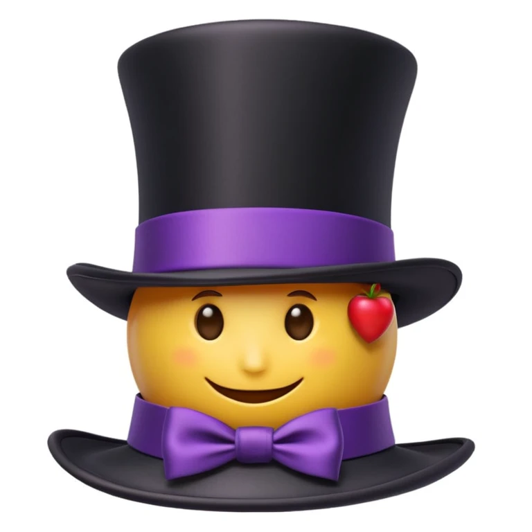 3D apple-style emoji of a tall vintage top hat, simplified shapes, cartoon-like look, glossy finish, soft shadows, white background, tall black hat with wide brim, purple and black checkered ribbon with a red stripe emoji