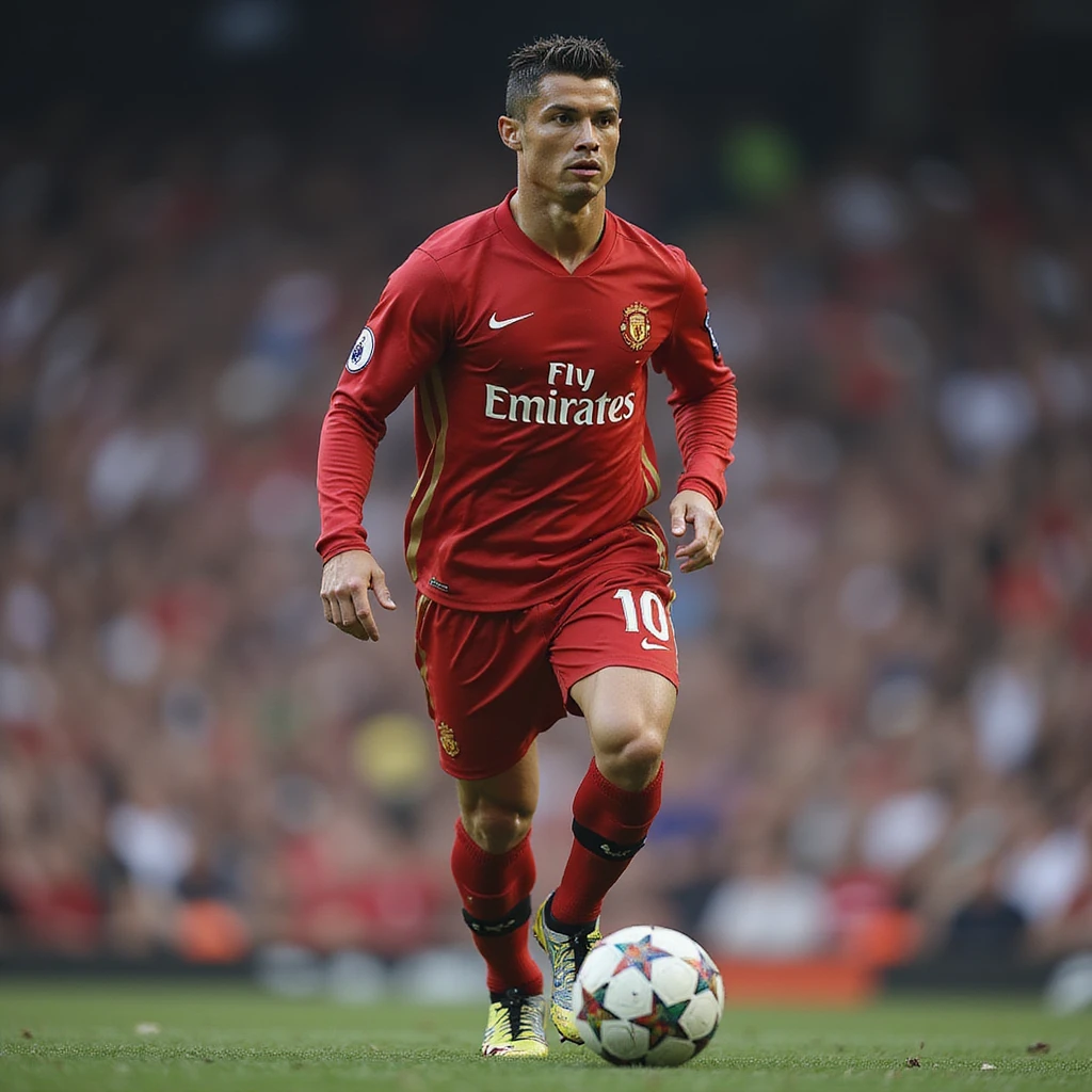 Cristiano Ronaldo, photorealistic football star, in action, detailed facial features, iconic hairstyle, athletic pose, stadium background emoji