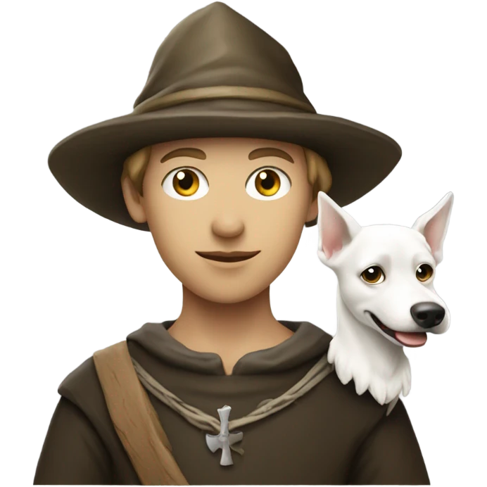young medieval pilgrim with hat and white little dog emoji