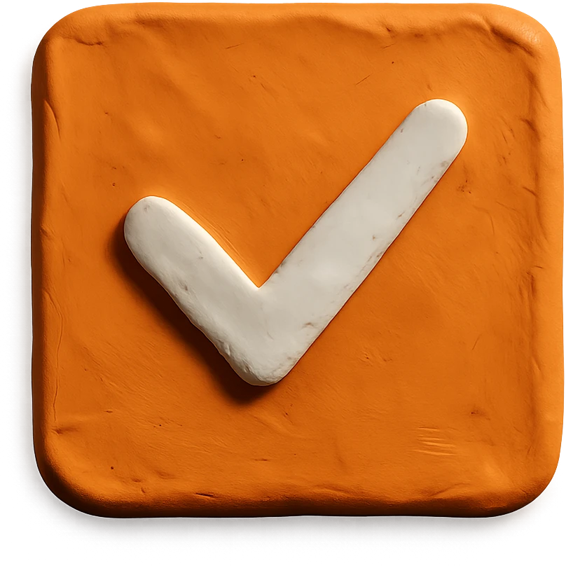 2D orange square with a white check mark inside, claymation style emoji