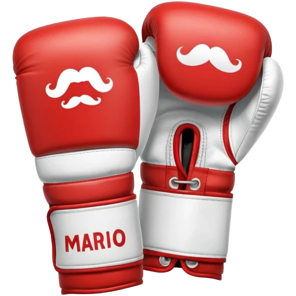 Red and white boxing gloves with Mario M logo and mustache design emoji