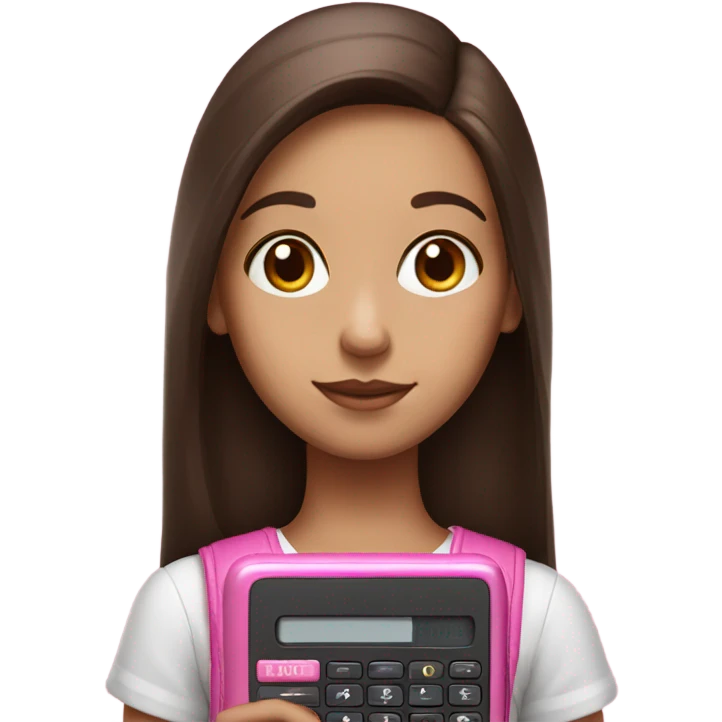Hyper realistic girl with straight brown hair holding a pink calculator emoji