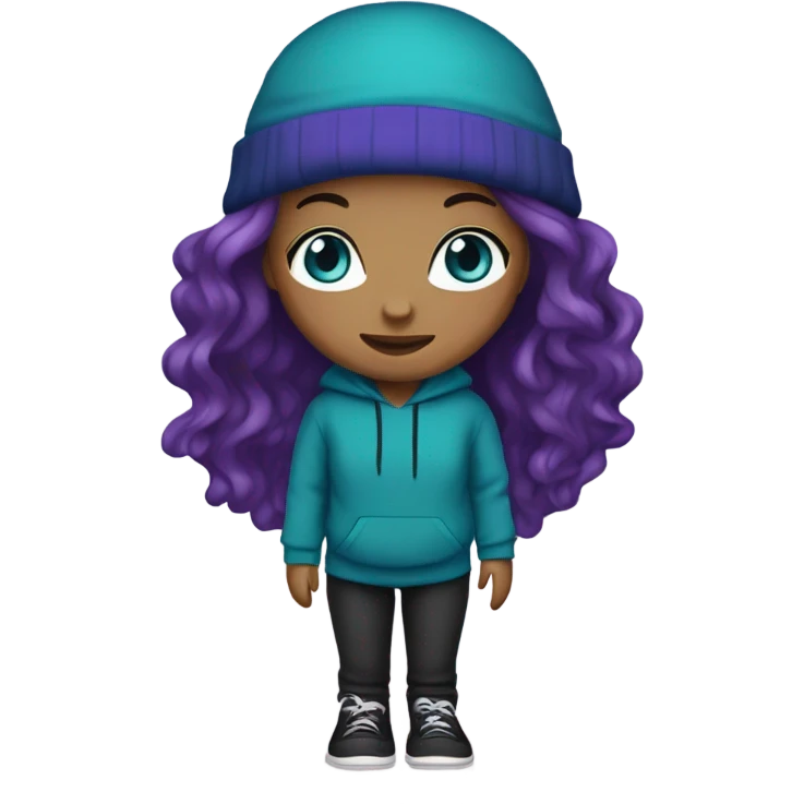 White girl, blue eyes, long teal hair, purple beanie hat, black hoodie, blue jeans, black shoes emoji