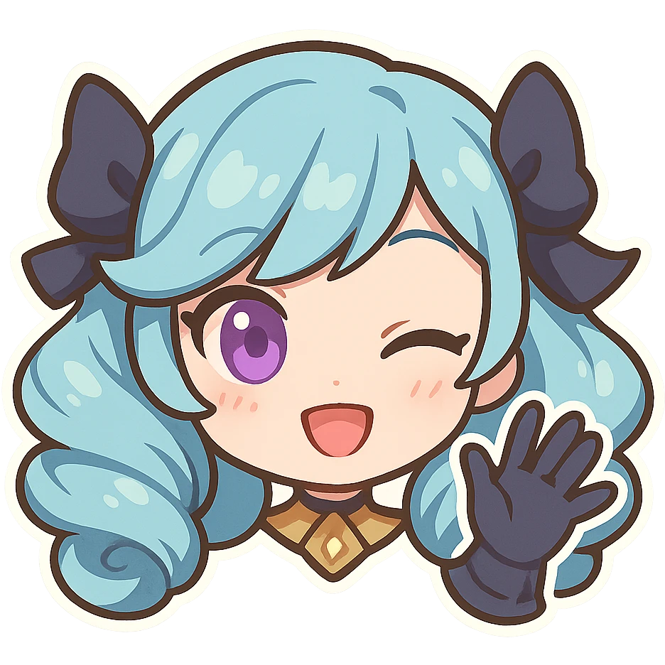 Gwen from League of Legends, chibi style, only head, right eye purple, one hand waving with glove, hi emote, playful and cute, no text emoji