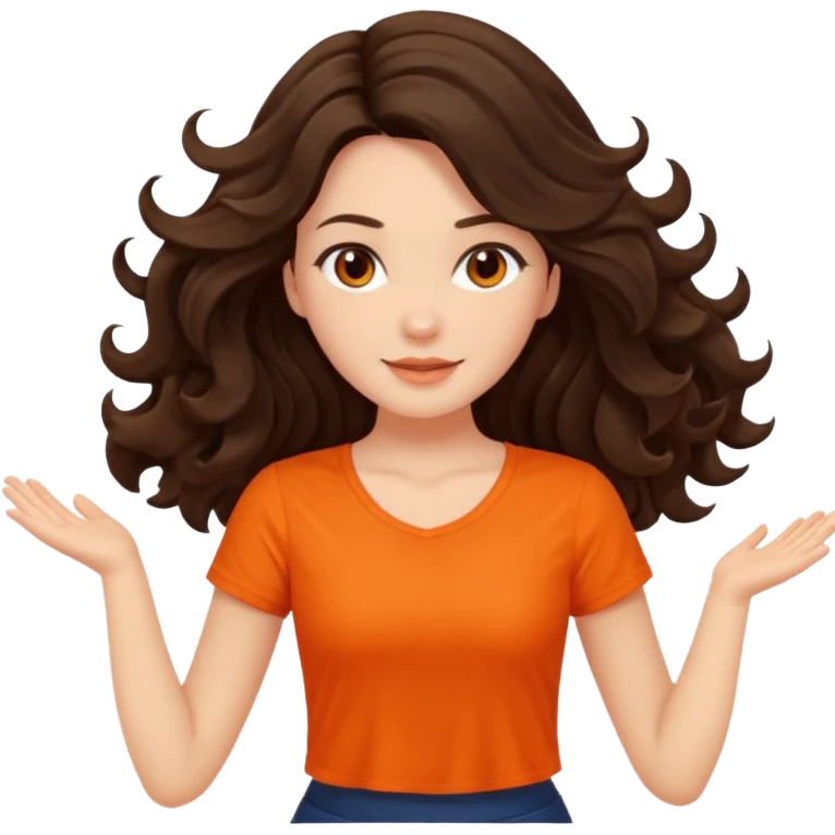 Long dark wavy hair women in orange top twirling around emoji