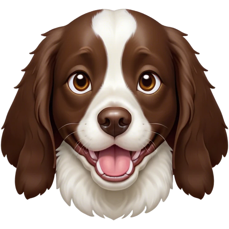 Cinematic Comical Springer Spaniel Portrait Emoji, Head tilted dramatically with an exaggeratedly amused expression, featuring a striking liver and white Fur with dynamic patterns, wide, expressive brown eyes filled with playful disbelief, Simplified yet hilariously expressive features, highly detailed, glowing with a slightly sassy glow, high shine, dramatic yet playful, stylized with an air of cheeky mischief, bright and endearing, soft glowing outline, capturing the essence of a spirited and over-the-top companion, so meme-worthy it feels like it could side-eye its way into internet fame instantly! emoji