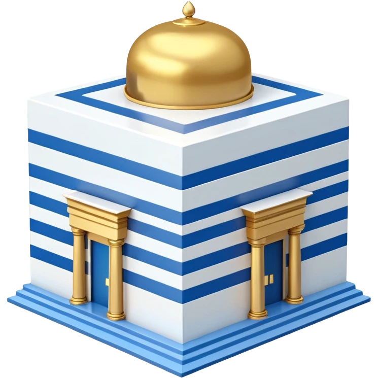 A cubic-shaped temple with smooth, clean edges and blue and white horizontal stripes along the walls. The structure has no pillars or columns. A Polished golden dome sits centered on top of the cube, with a smooth surface and no spiral or finial at its peak. The architectural style is minimalist  emoji