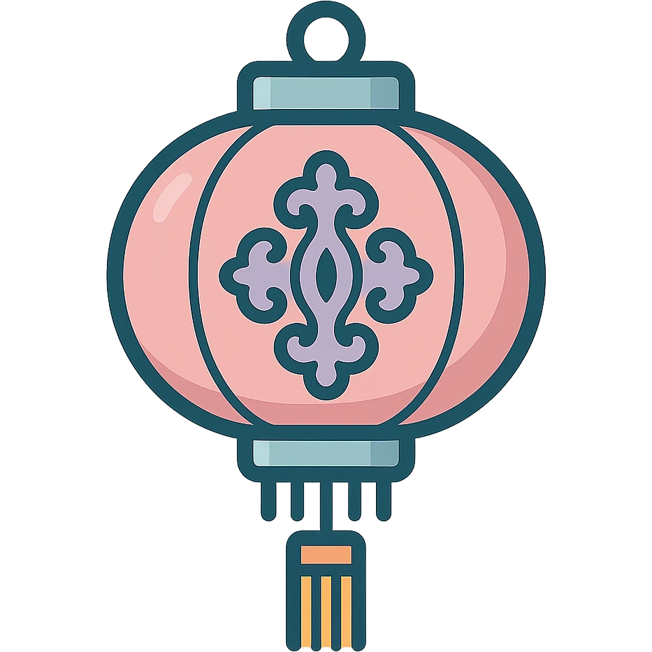 Chinese lantern with carved ornament and decorative fringe, not minimalist, no floral decor, detailed shadows and highlights, thin clean contours, soft rounded shapes, pastel palette #98B5BC, #B5B3C1, #C9A3C9, #E4C0CA, #F7DCD1, #F7C0AA, modern Japanese pop-art and sticker aesthetics, high detail, vector sharpness, soft lighting, transparent background emoji