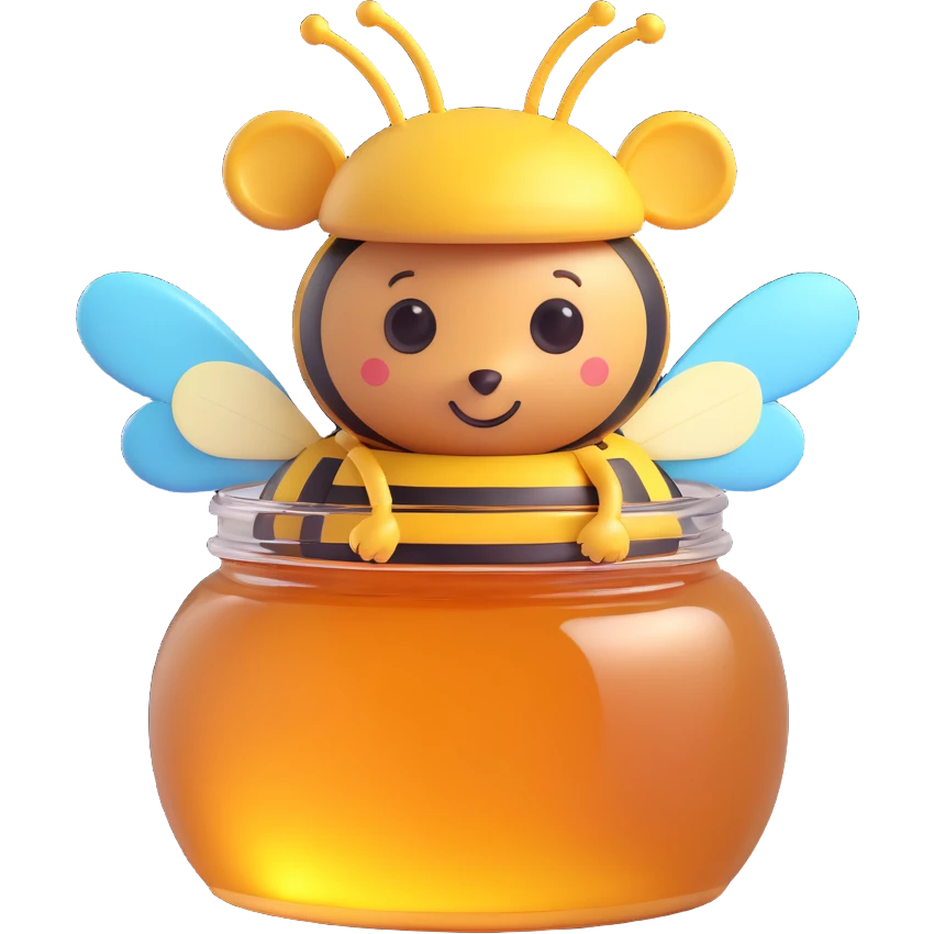 3D emoji style honey jar, with a bee sitting on the lid, cute and playful emoji