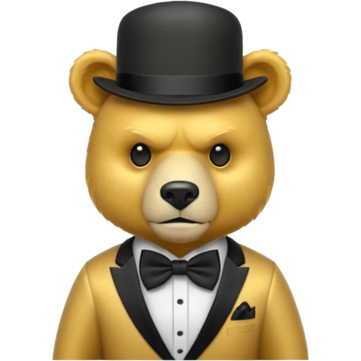 Oso dorado con sombrero elegante y moño negro enojado animatronico emoji