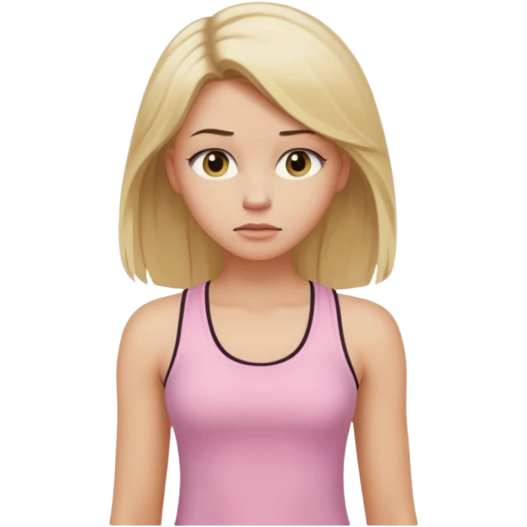 Create a young woman with long blonde hair, golden eyes, and medium-light skin tone, wearing a light pink tank top and leggings. She should be in portrait mode, but with a subtle doubting facial expression—slightly raised eyebrow, small frown, .  and her hand next to her chin like a thinker emoji