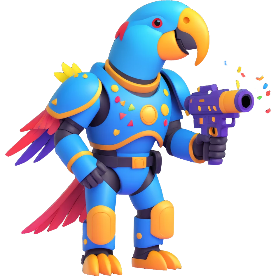 party parrot as a space marine, wearing futuristic armor, holding a confetti blaster, colorful and fun emoji