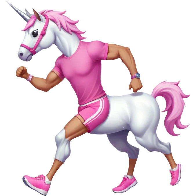 full body friendly anthropomorphised masculine unicorn with white horse-like face, muscular build, wearing pink t-shirt, shorts, trainers, dark sunglasses, running emoji